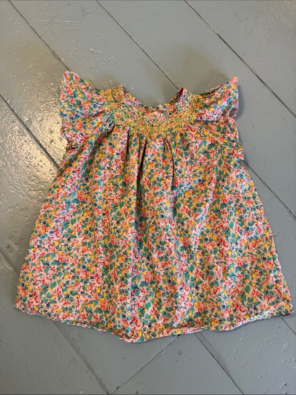 Bonpoint Floral Smocked Flutter Dress - Green, Pink, Yellow